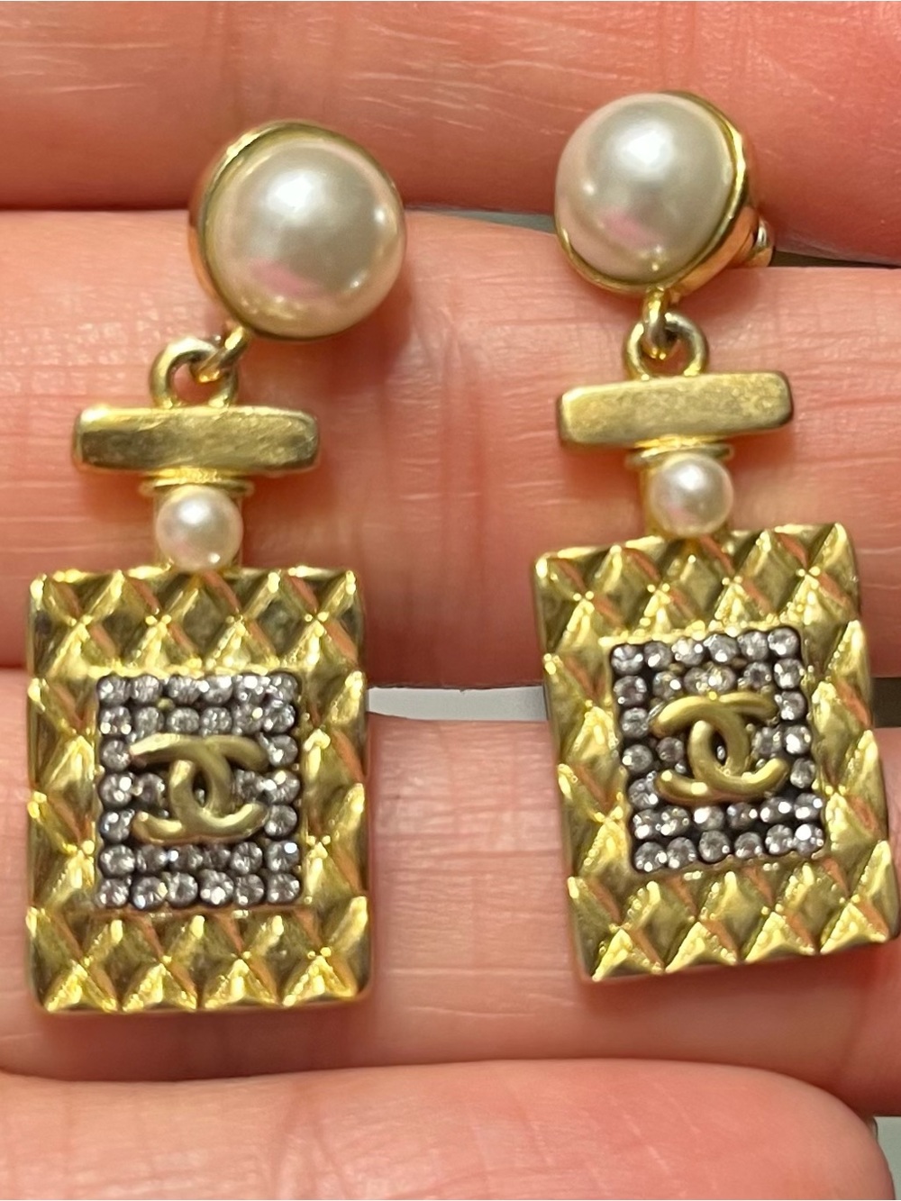 CHANEL Gold Tone Quilted Pearl Drop Earrings with Crystal CC